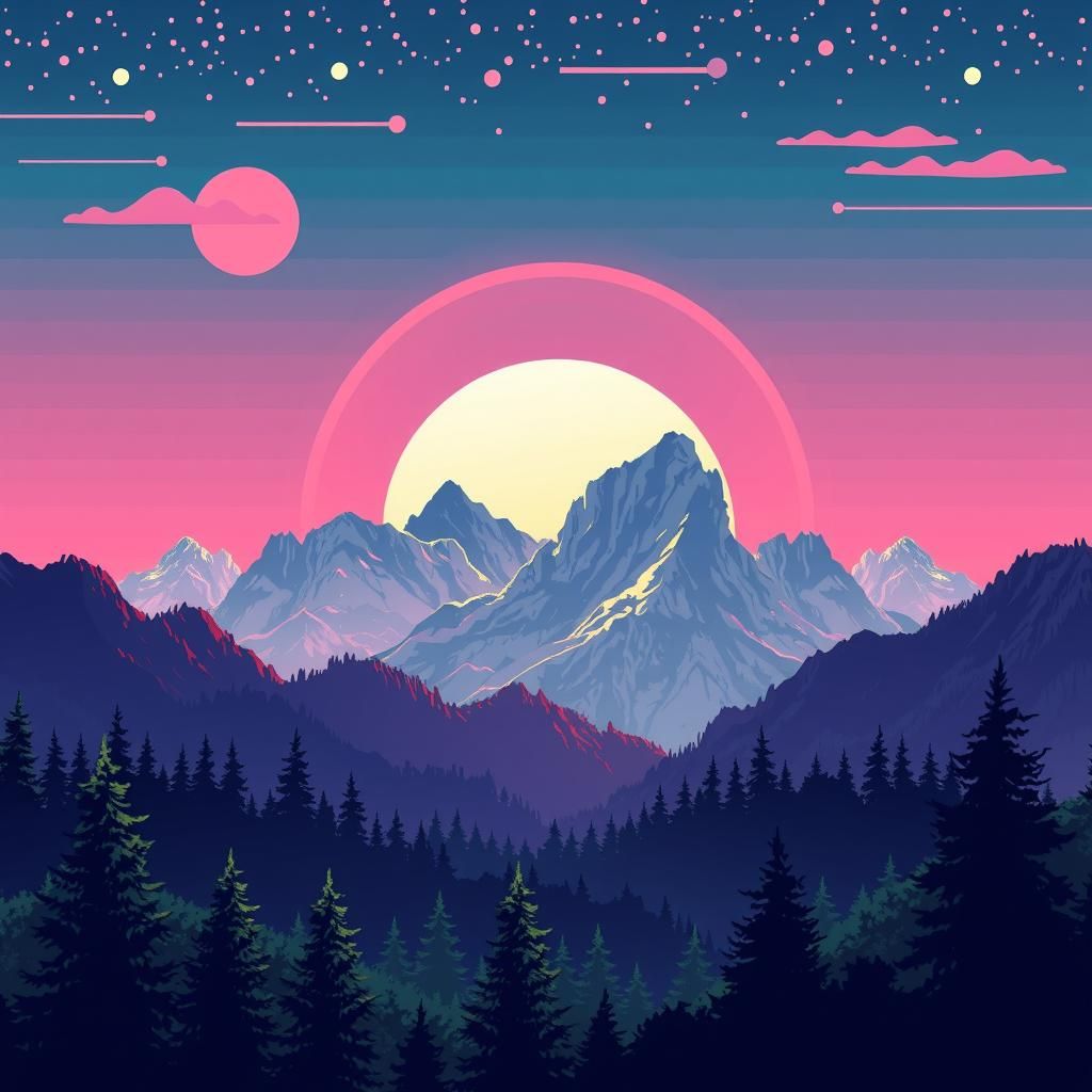 Pixelated Synthwave Landscape with Mountains and Neon Sky