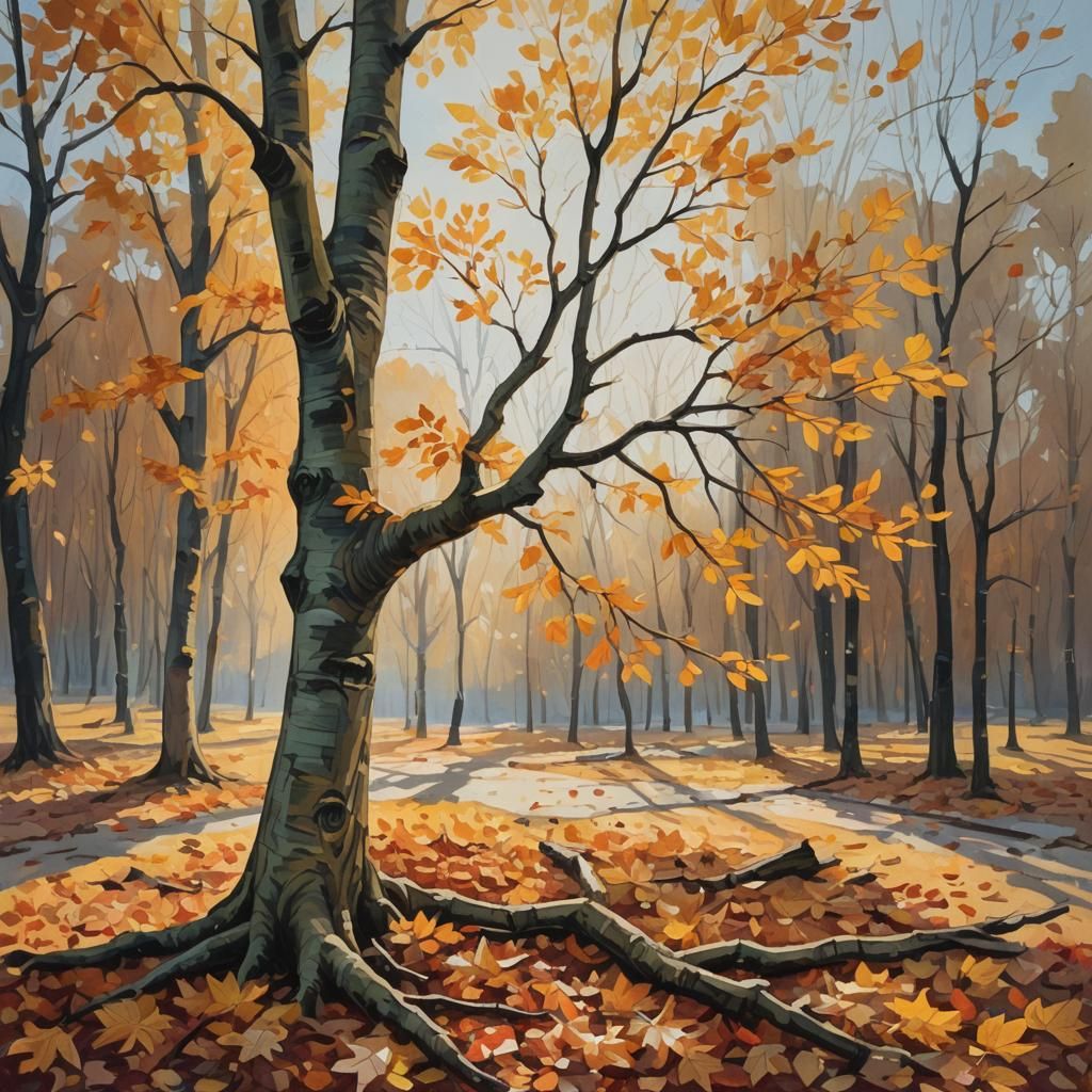 Autumnal Tree in Impressionist Gouache Style