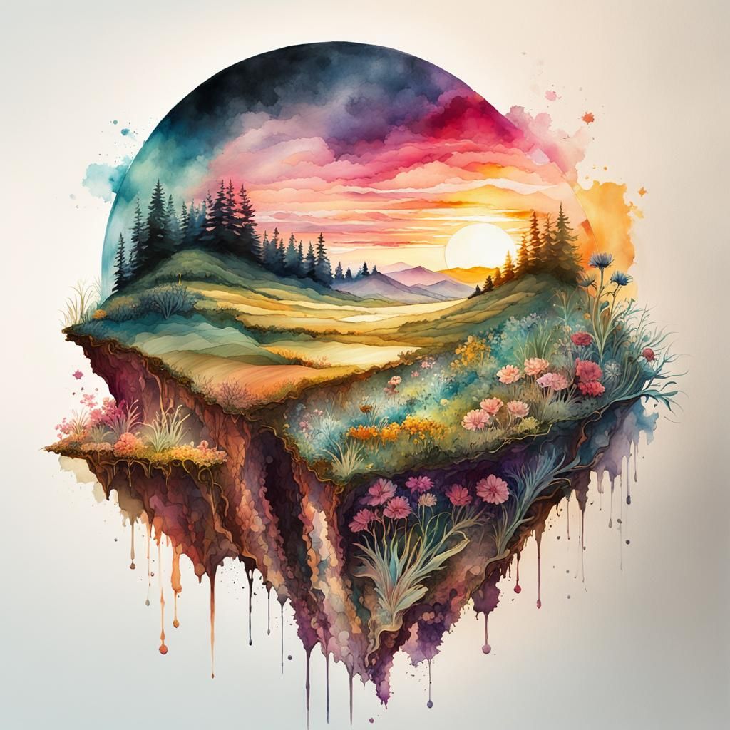 Soil Slice: Digital Watercolor Summerscape Sunset