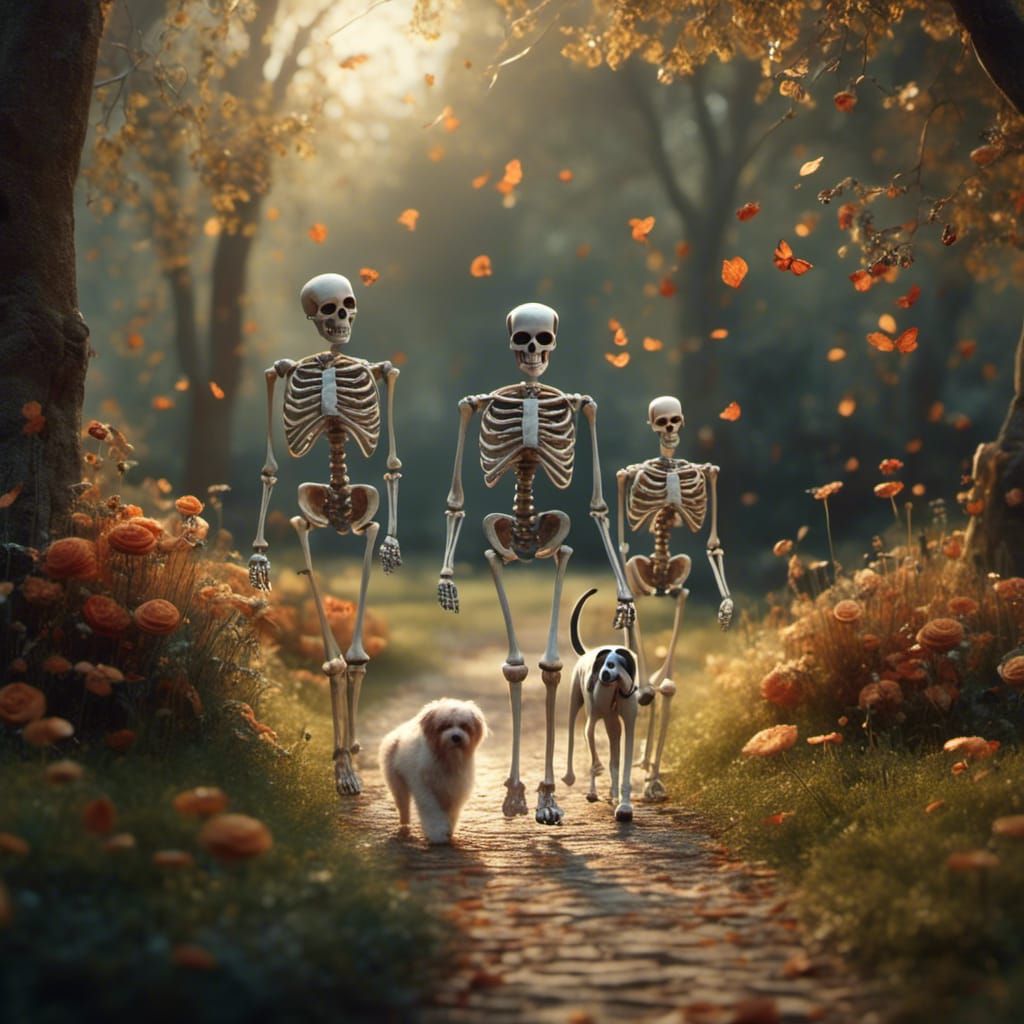 Skeletons Walking Dogs in Park, Kyoot Style
