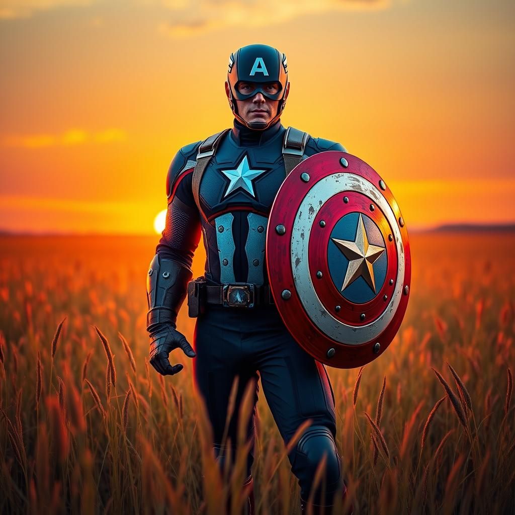Captain America in Golden Field: Synthwave Digital Art