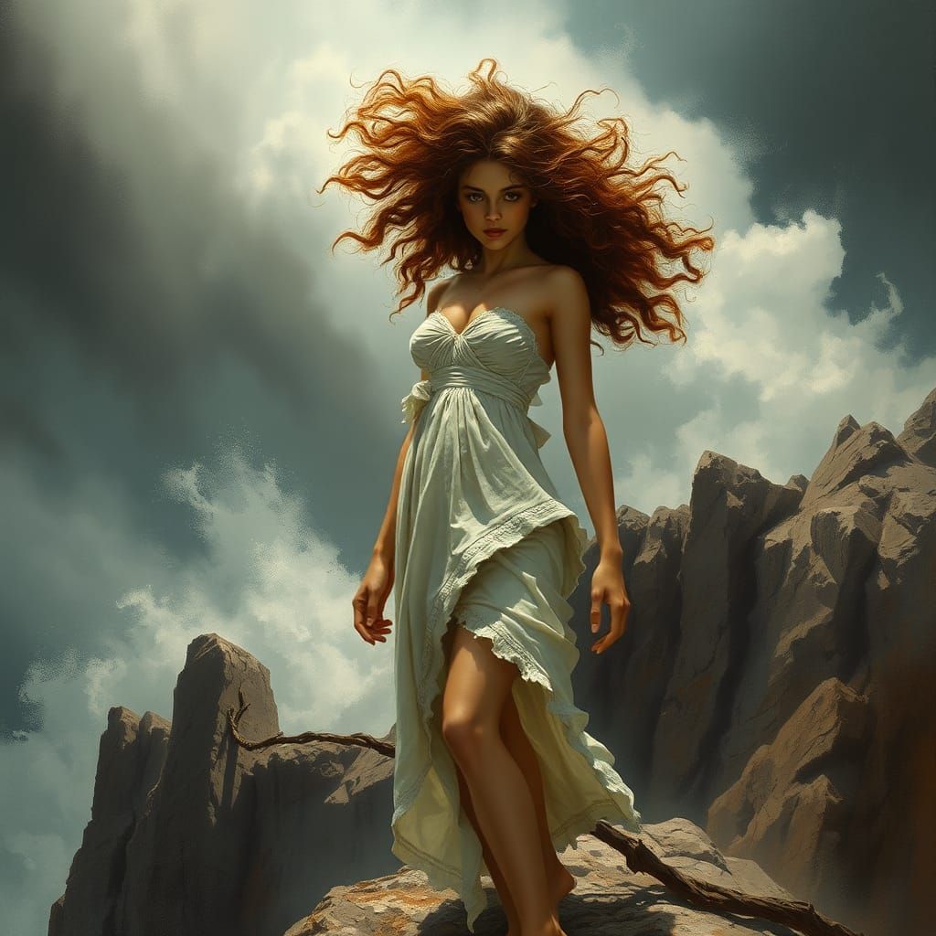 Windswept Woman on Cliff in Dramatic Fantasy Style