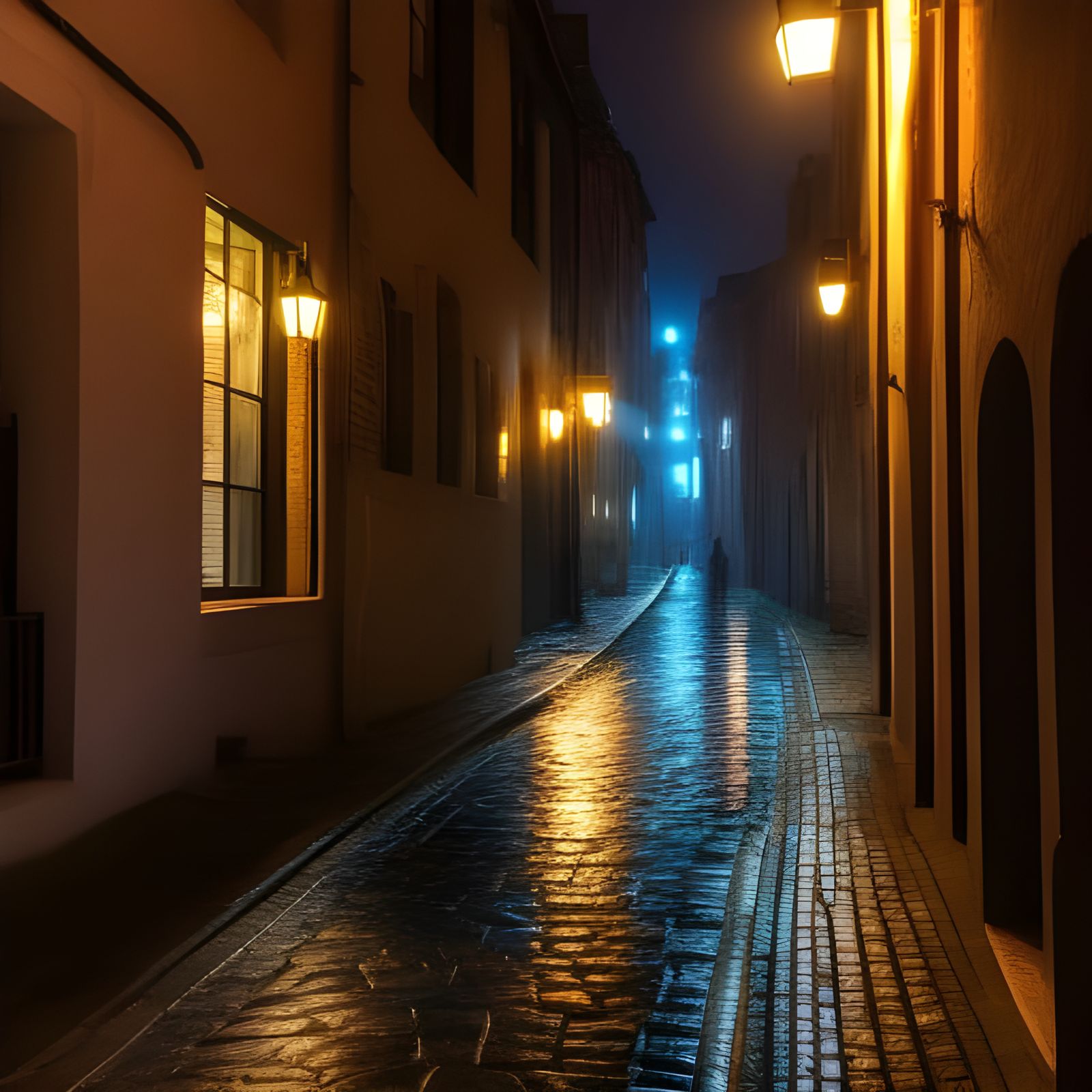 A narrow, dark, rainsoaked, cobblestone, lantern-lit alley