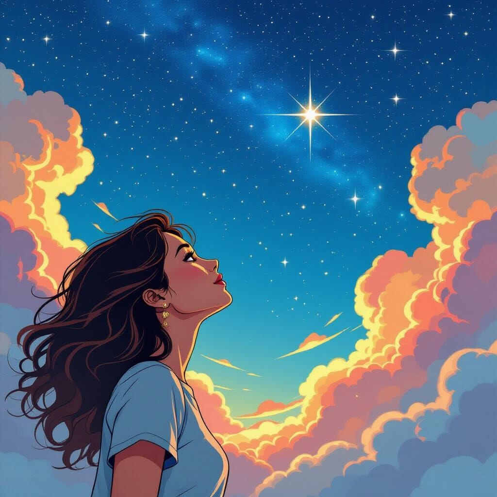 Woman Gazing at Starry Sky in Comic Art Style