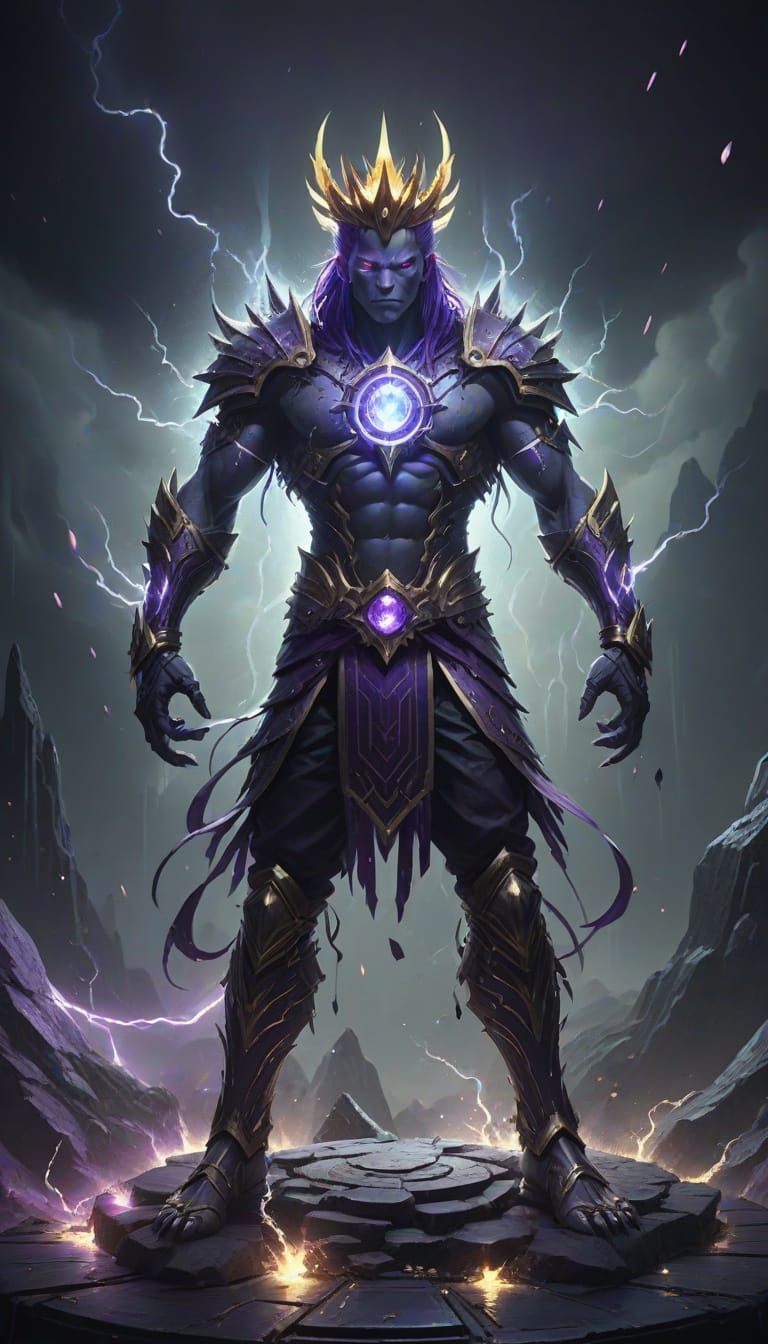 Enraged Fantasy Creature with Spiky Purple Hair and Golden W...