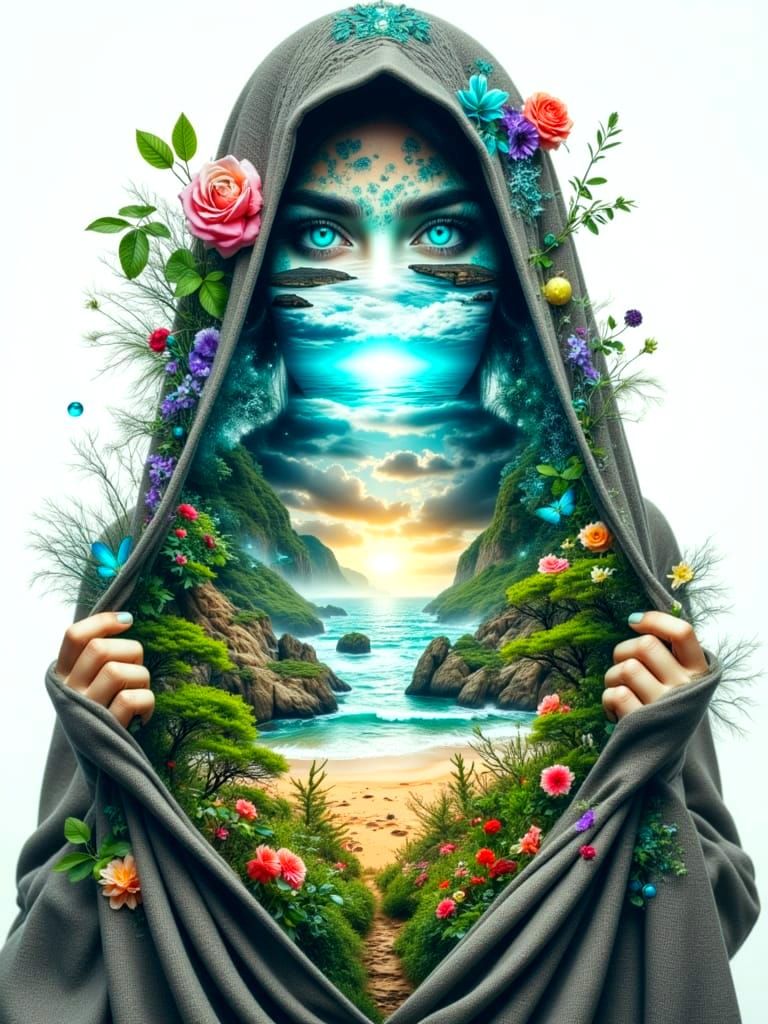 Surreal Double Exposure: Woman's Robe Reveals Dreamscape Lan...