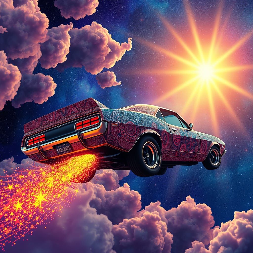 Cosmic Muscle Car with Zentangle Patterns