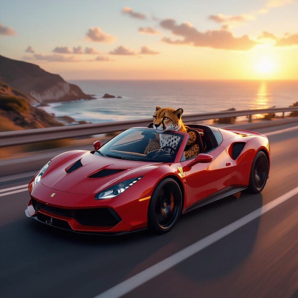 Cheetah Girl Drives Sports Car on Coastal Highway at Sunset