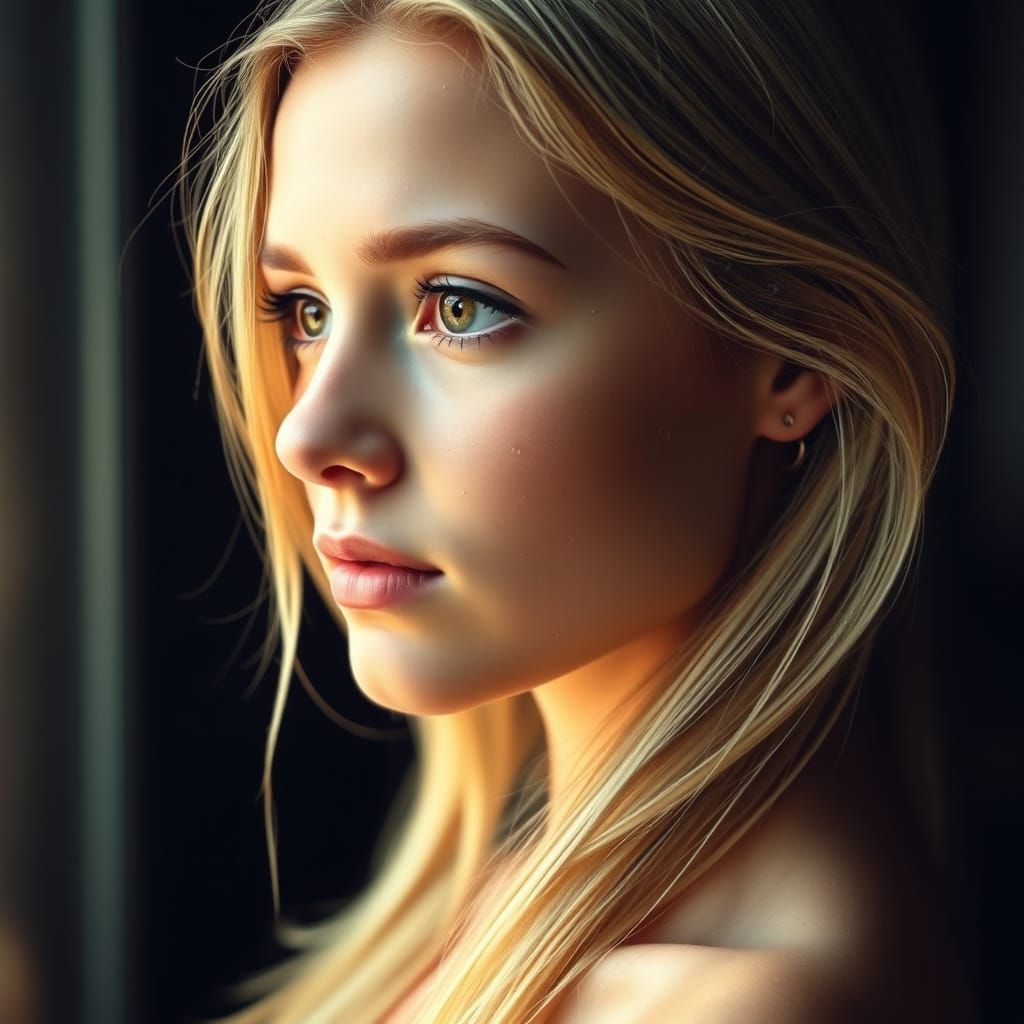 High-Resolution Portrait of a German Woman with Water Drople...