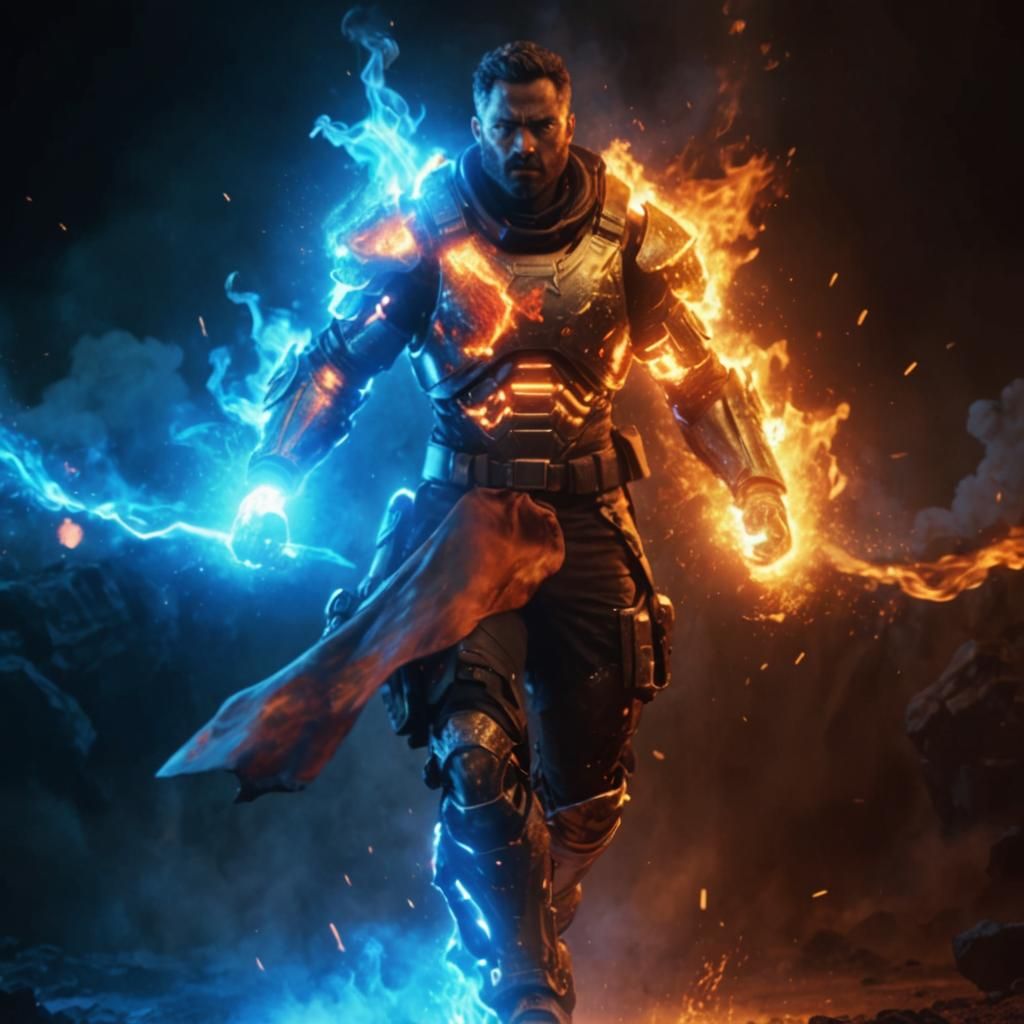 Armored Man Escaping Volcano in Hyper-Realistic Art