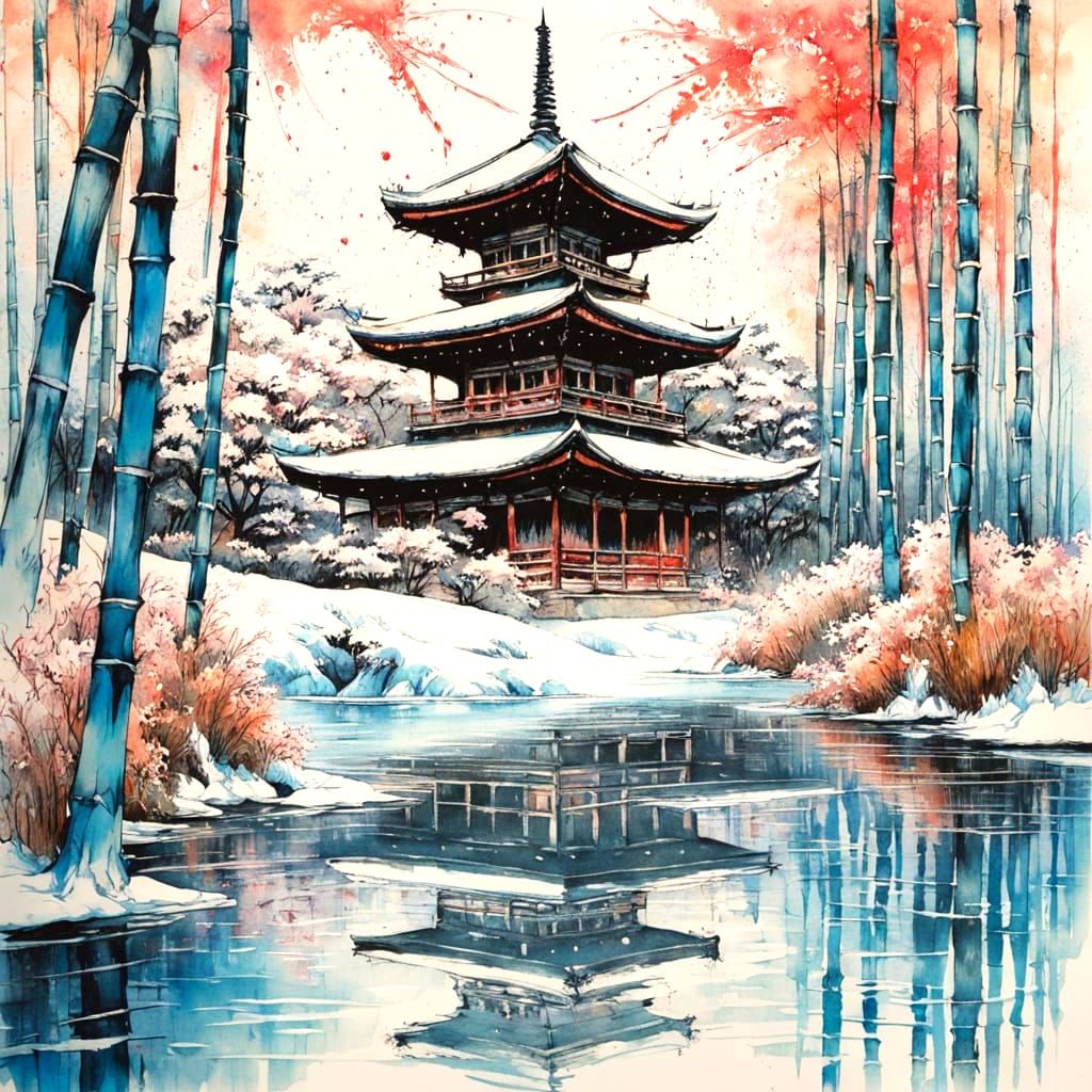 Snowy Pagoda Mirrored in Frozen Lake: Sumi-e Ink Painting