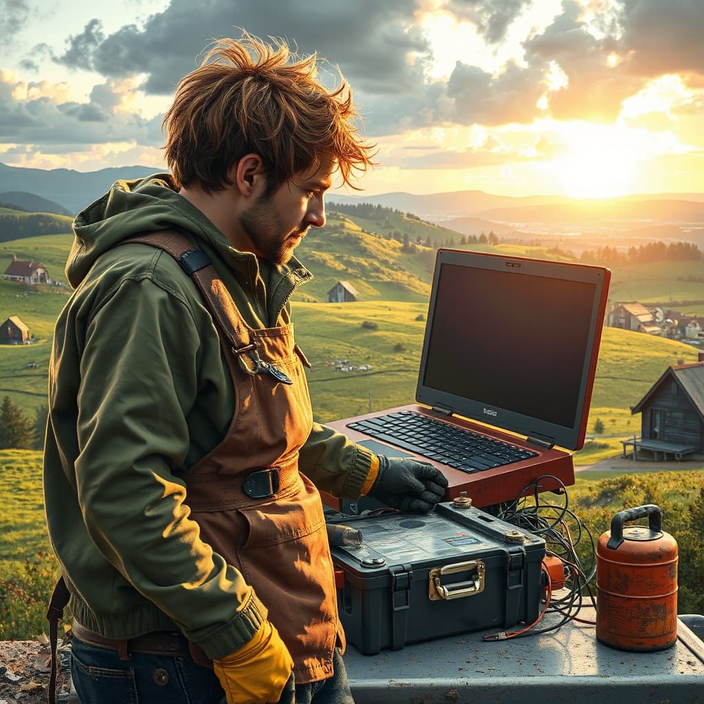 Solarpunk Mechanic Tinkers with Eco-Friendly Ride in Green V...