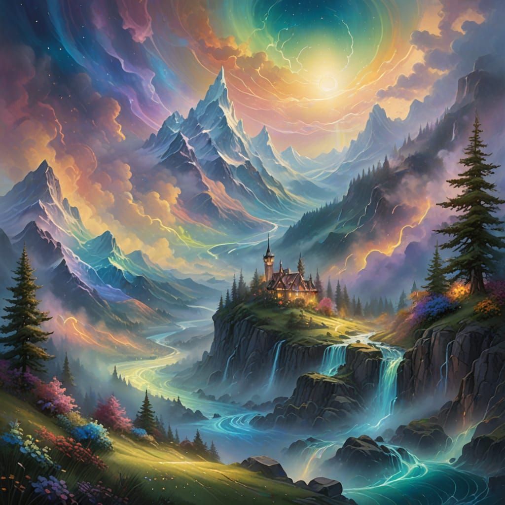 Ethereal Rainbow Circle in Mist, Thomas Kinkade Style
