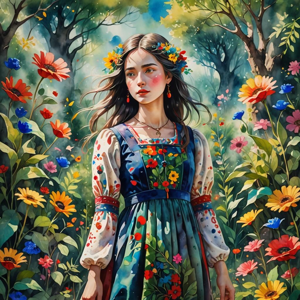 Vibrant Watercolor Fantasy Portrait in Dreamy Style