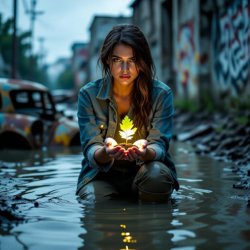 Hopeful Woman Holds Glowing Seedling in Ruined Landscape