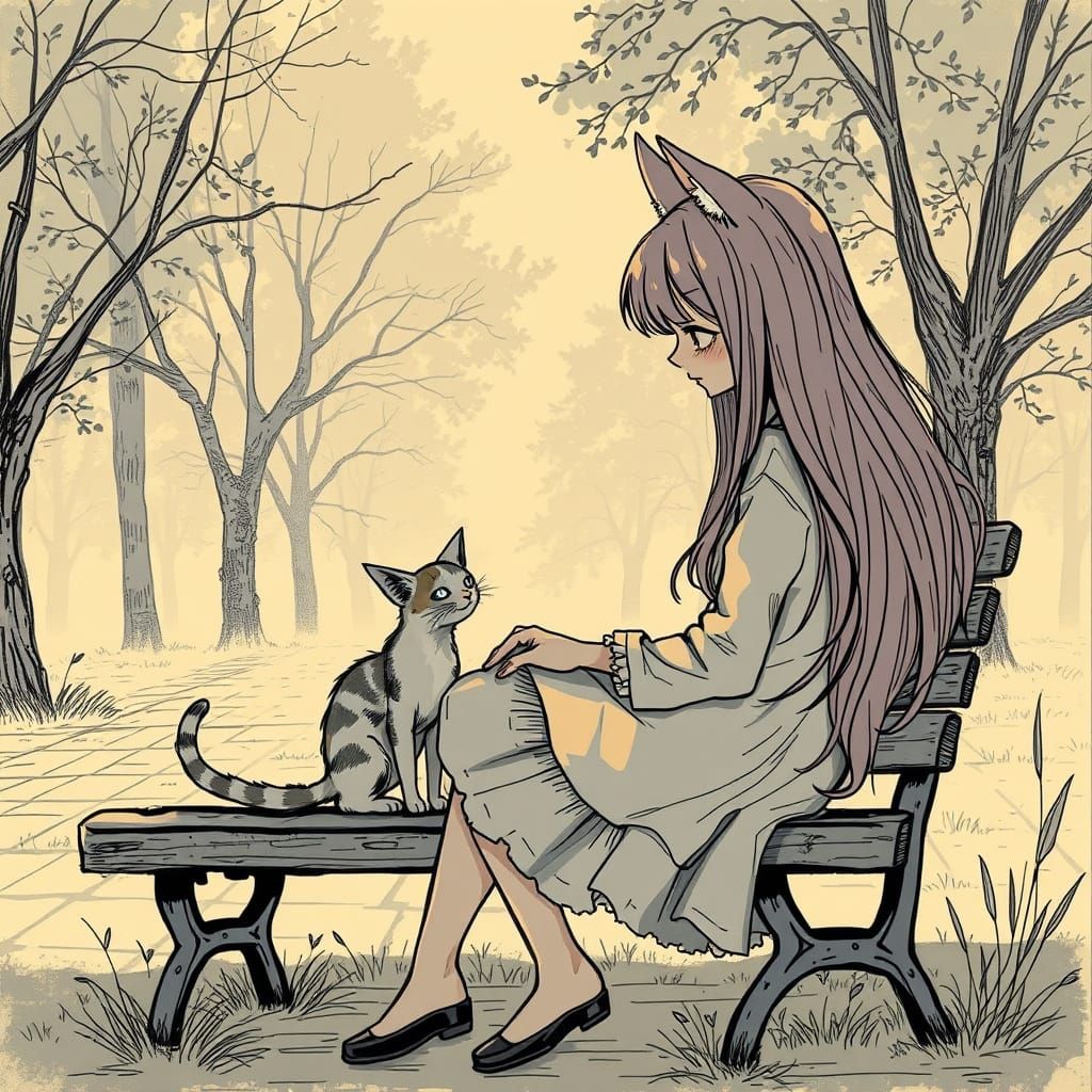 Girl in Lofi Sketch Art with Cat Ears and Whiskered Companio...