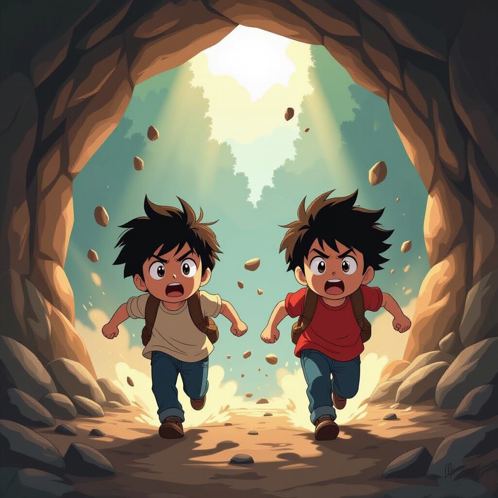 Guddu and Tillu Flee Trembling Cave in Dramatic Anime Style