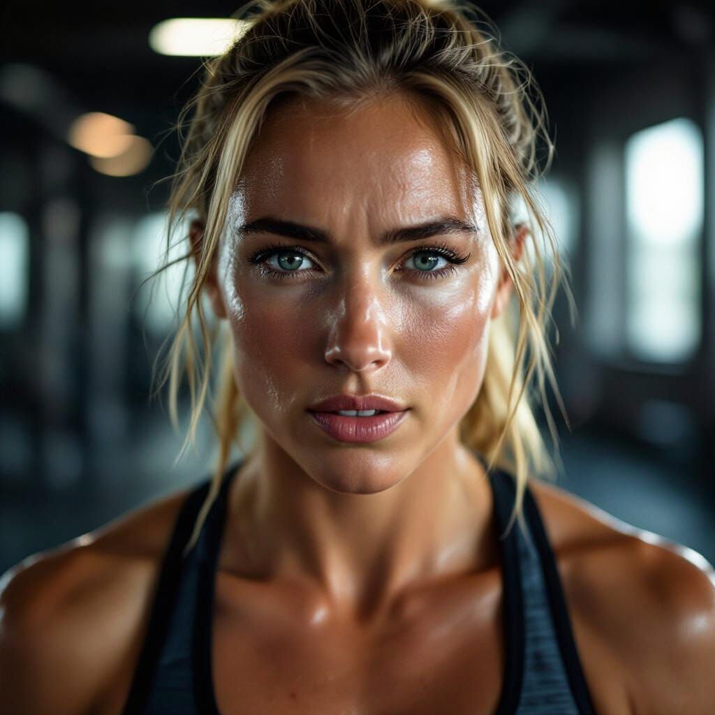 Fit Blonde Woman After Training, Sweat Glistening, Cinematic...