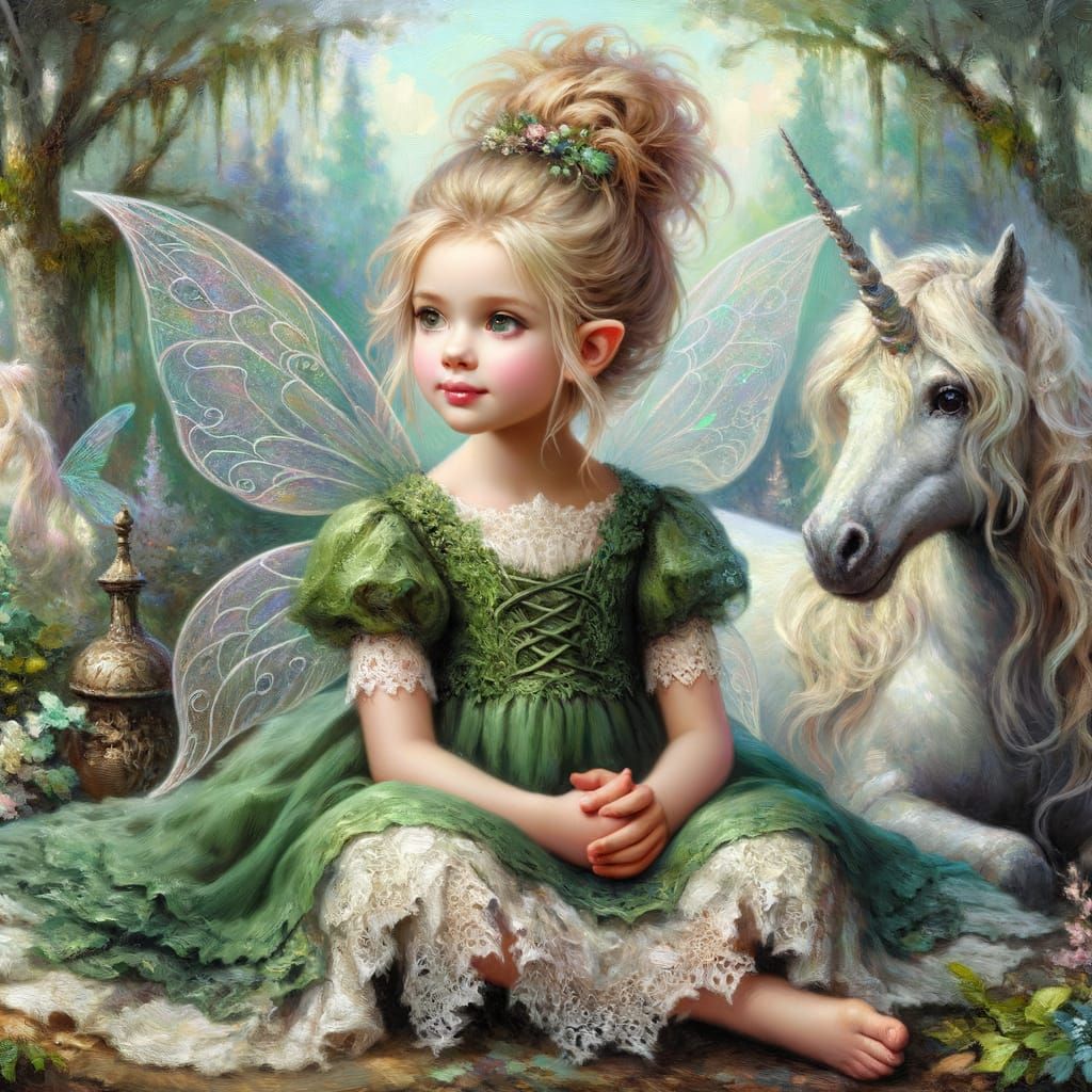 Impasto Oil Painting of Faerie Girl and Unicorn