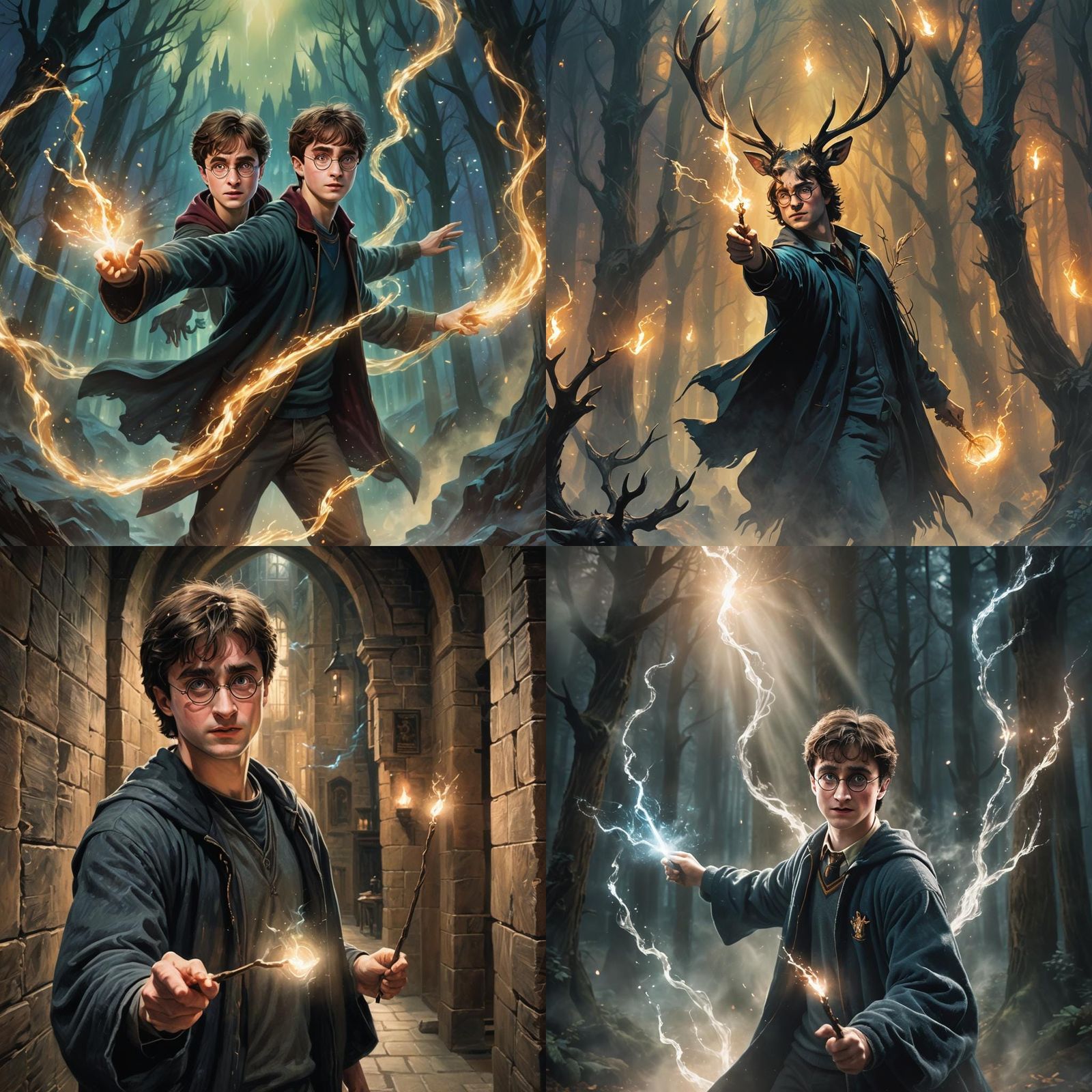 Harry potter casting his patronus charm. Hyperrealistic, spl...