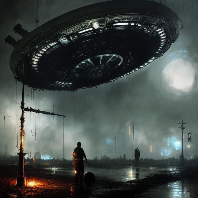 Elaborate Black Chrome UFO Landing in Hyperrealistic Style