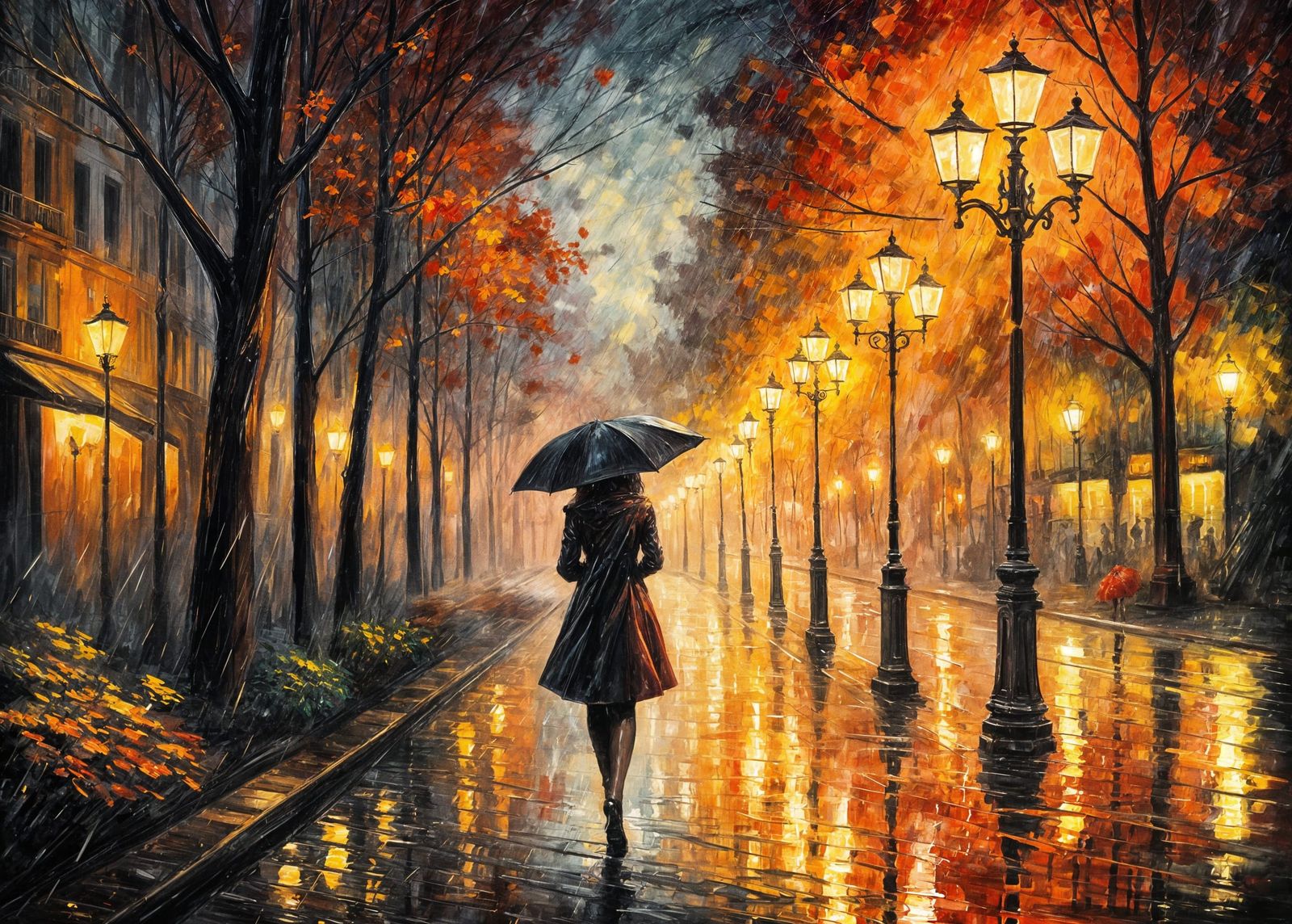 Woman with Umbrella in Golden City Rain, Expressive Oil Pain...