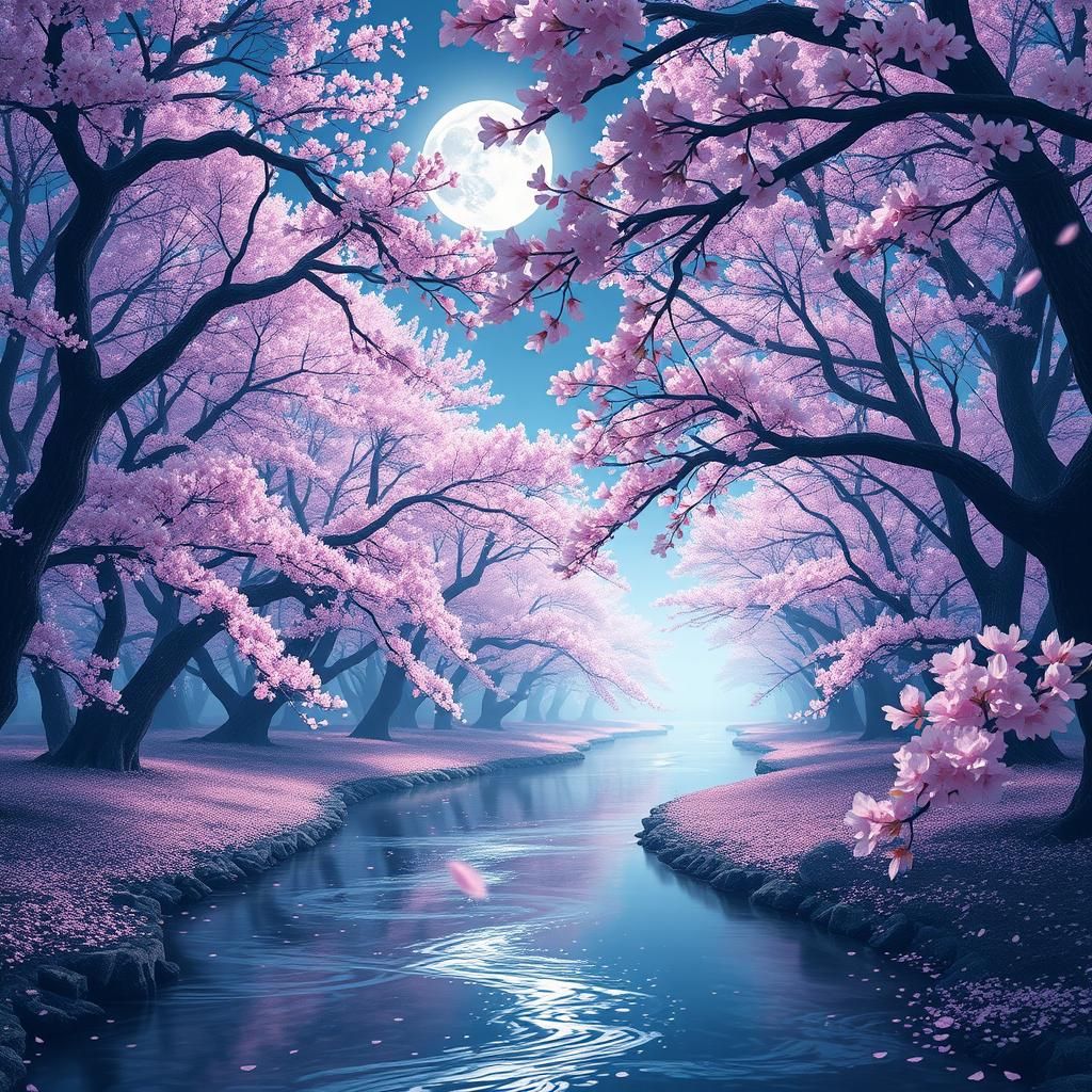 Moonlit Cherry Blossom Forest in Digital Painting Style