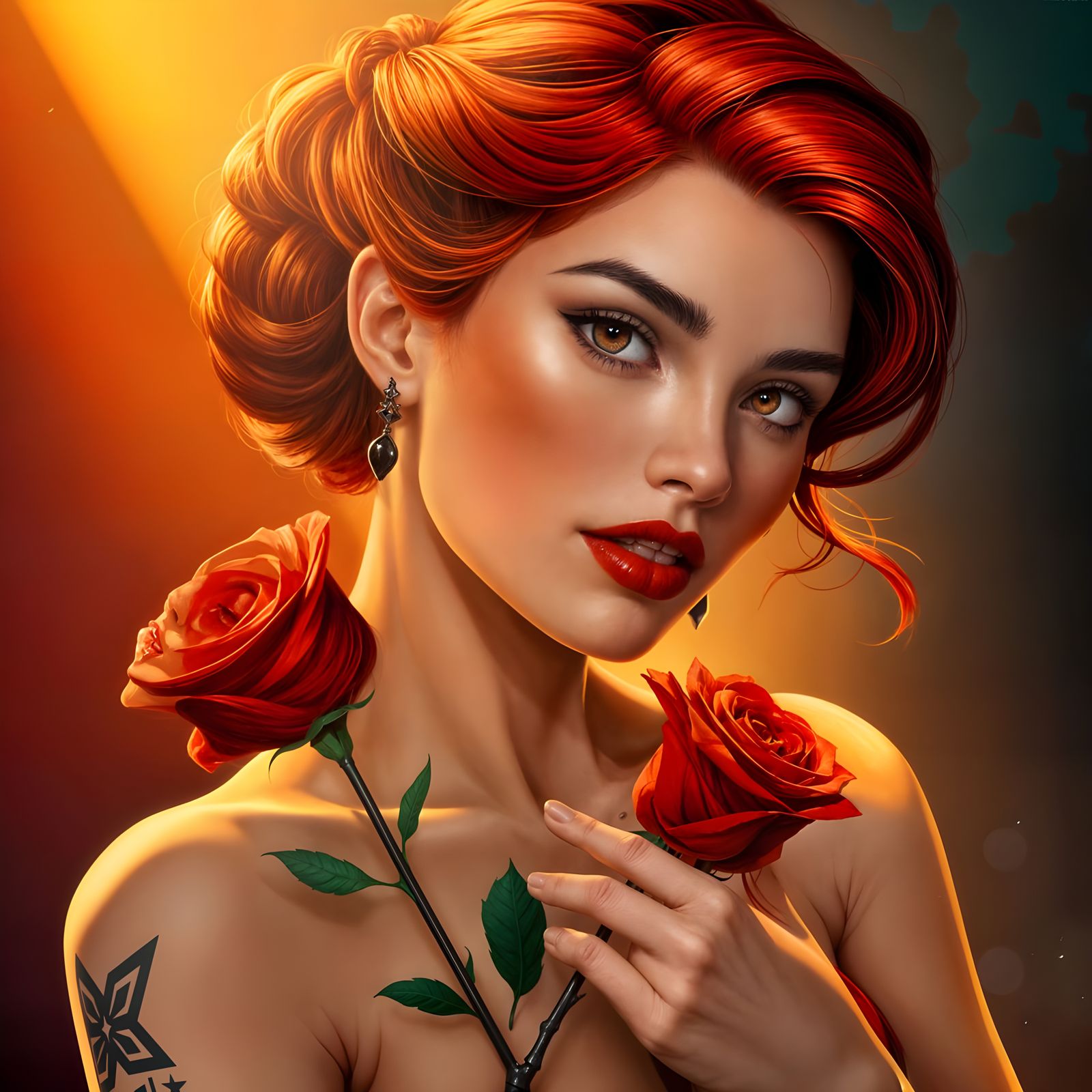 Stunning Digital Portrait of a Red-Haired Woman in Elegant P...