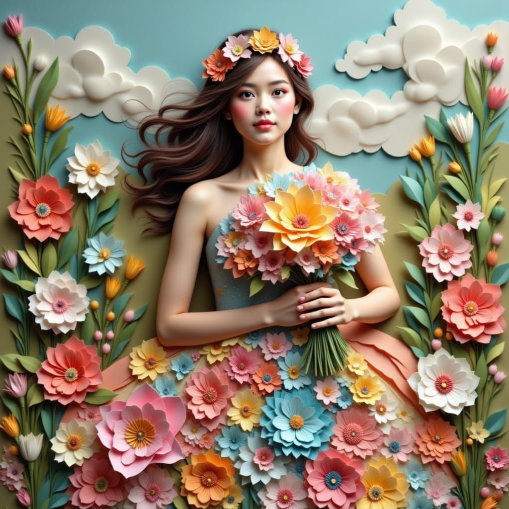 Origami Girl with Paper Flowers in Soft Light