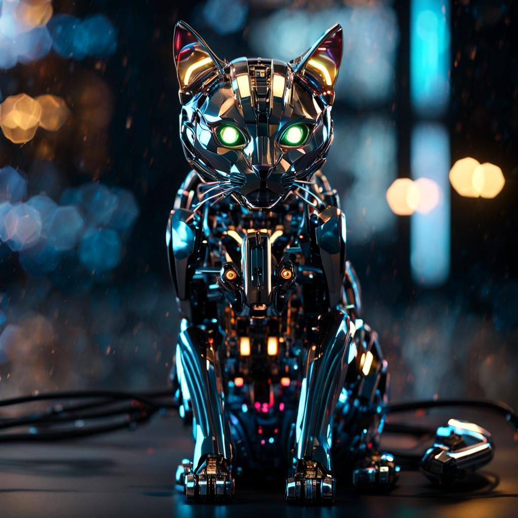 Cyberpunk Robotic Cat with Glowing Eyes
