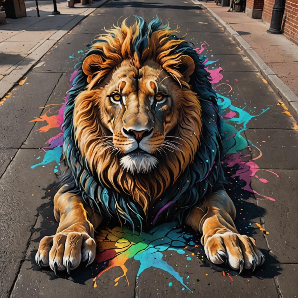 Sidewalk Lion: Detailed Chalk Art in Unreal Engine Style
