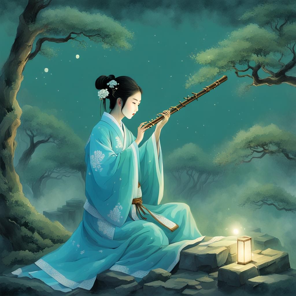 Qin Dynasty Musician Plays Flute in Moonlight