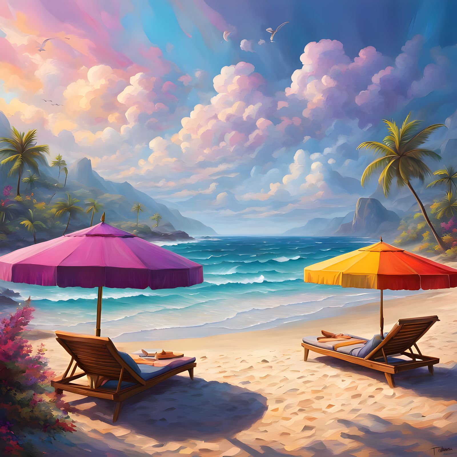 Beach Scene with Vibrant Sunbathers and Gentle Waves in Ethe...