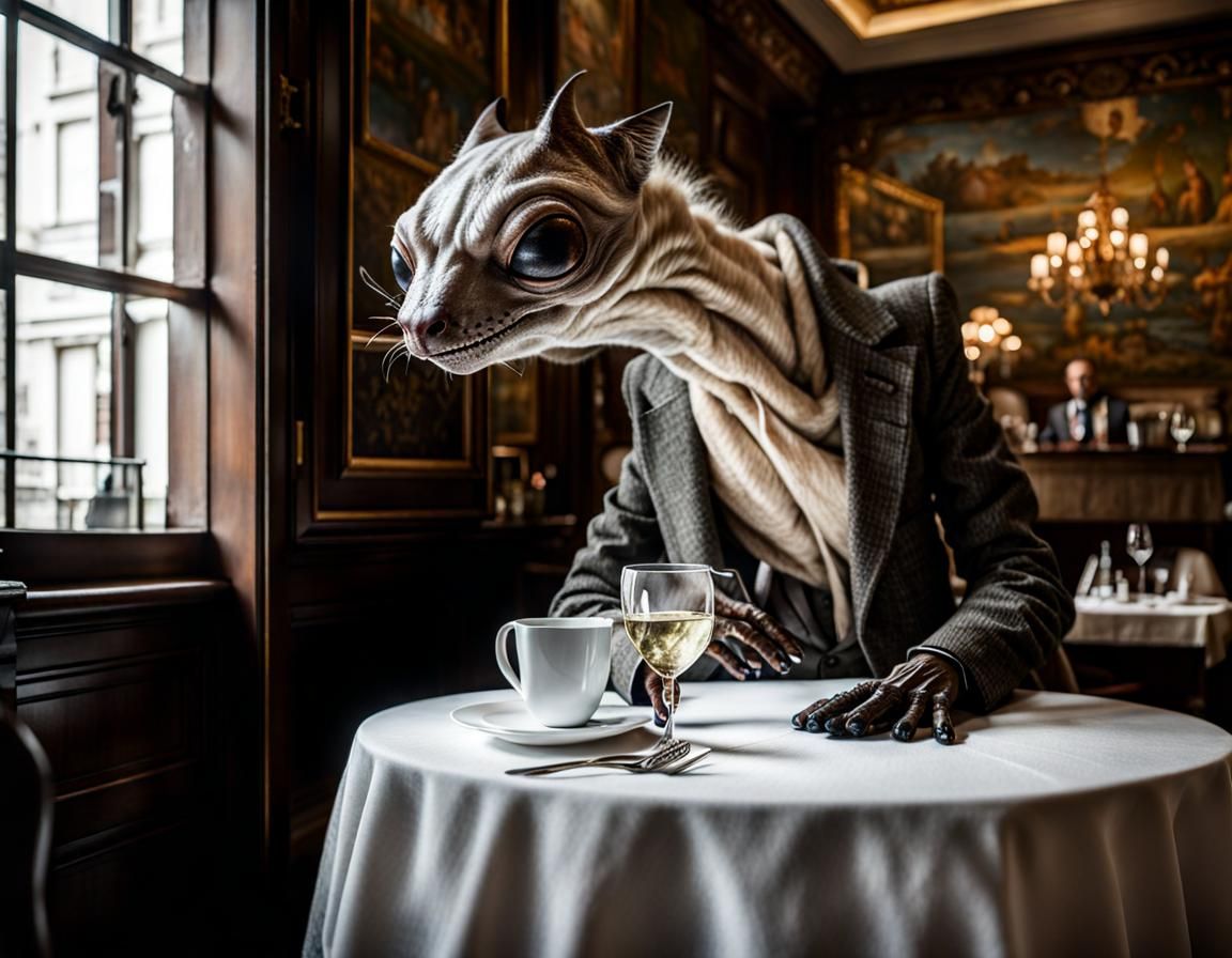 Surreal Restaurant Scene with Beautiful Aliens