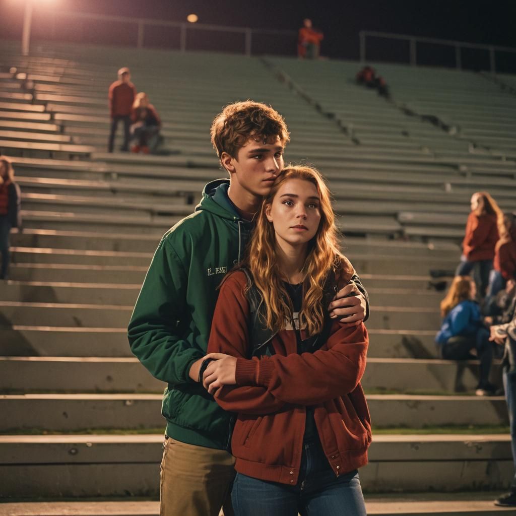 Teenage Couple Embrace Under Friday Night Lights