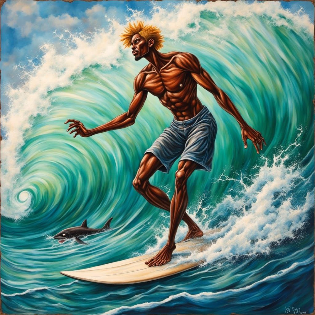 Black Surfer Rides Wave: Expressionist Impasto Oil Painting