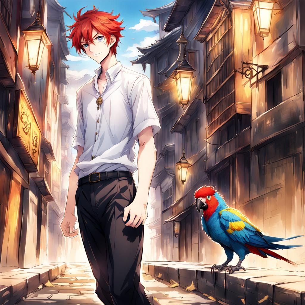 Medieval Boy with Parrot in Anime Style