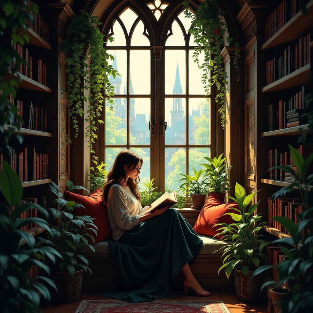 Cozy Girl Reading in Gothic Window Nook