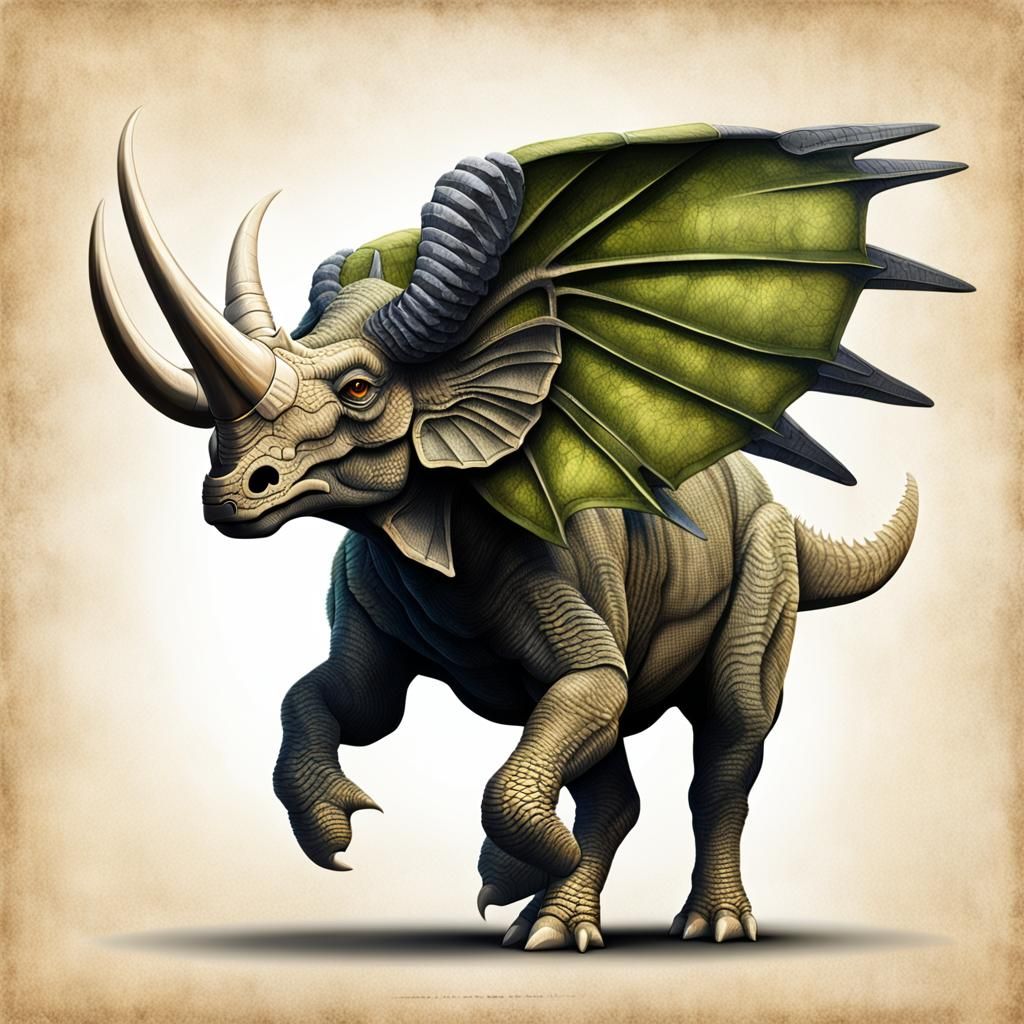 Winged Triceratops Detailed Illustration Side View