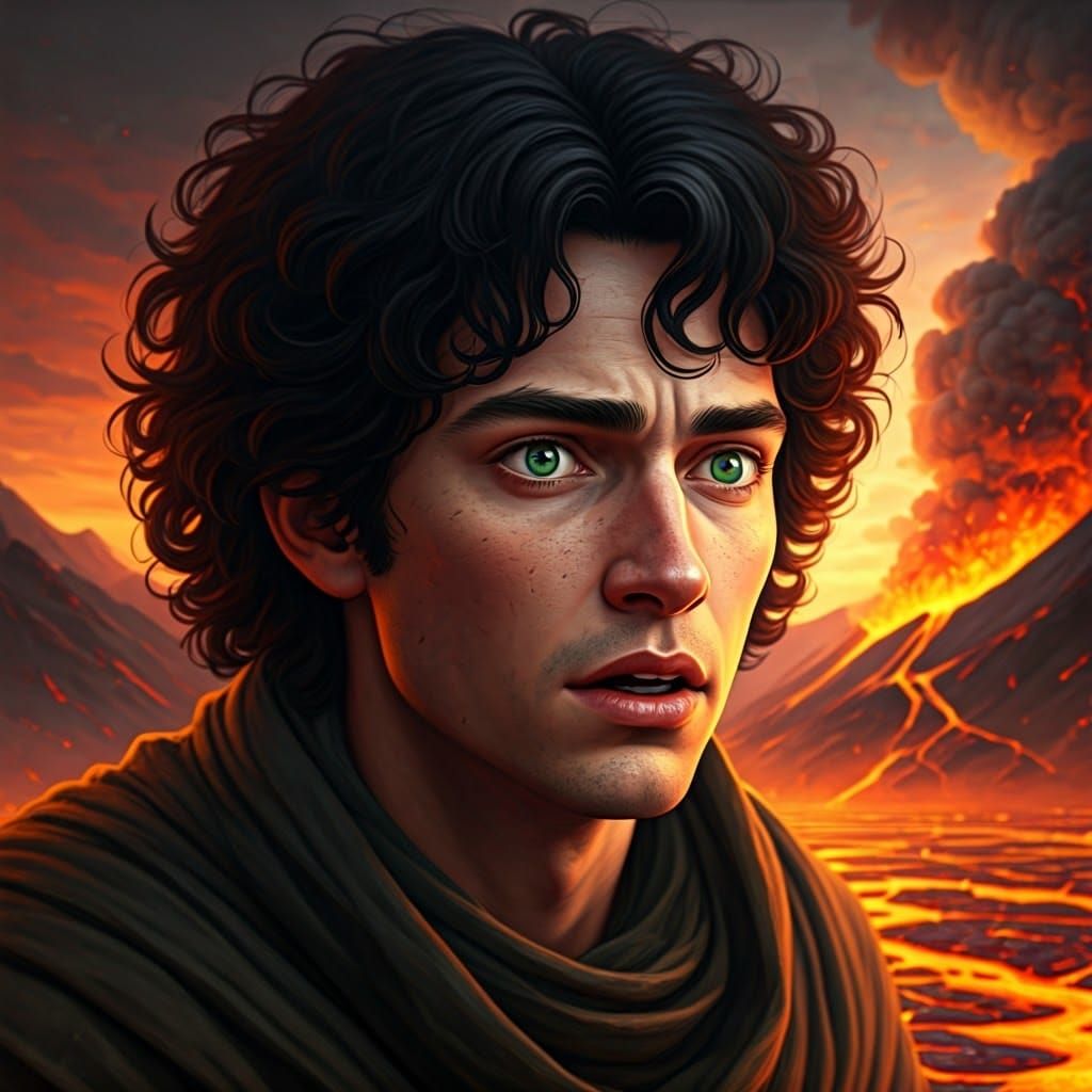 Startled Young Man Amidst Fiery Volcano Eruption in Fantasy ...