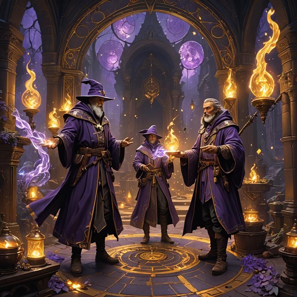 Wizards Practicing Magic in Dark Fantasy Style