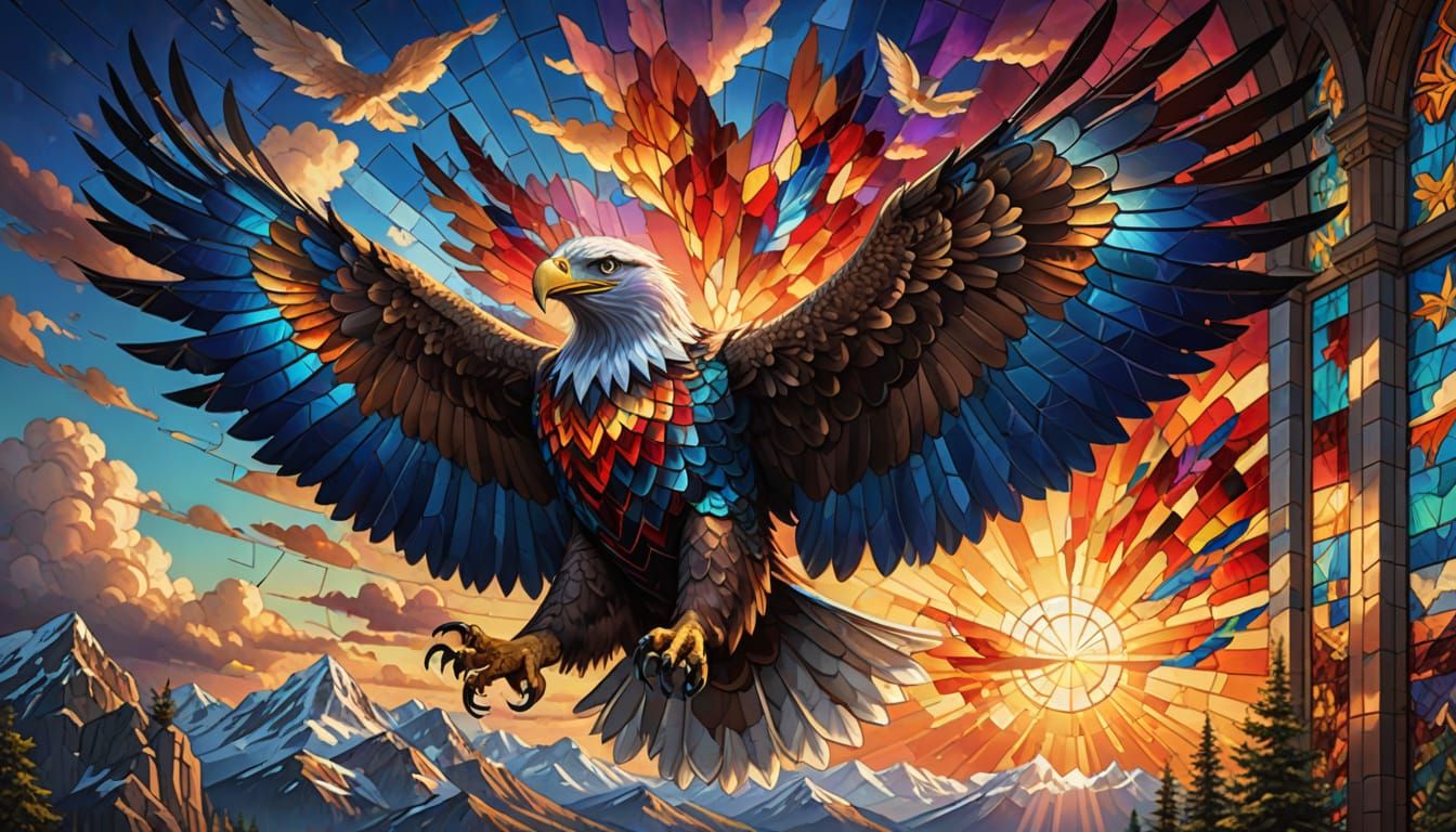 Stained Glass Eagle Soaring in Digital Painting