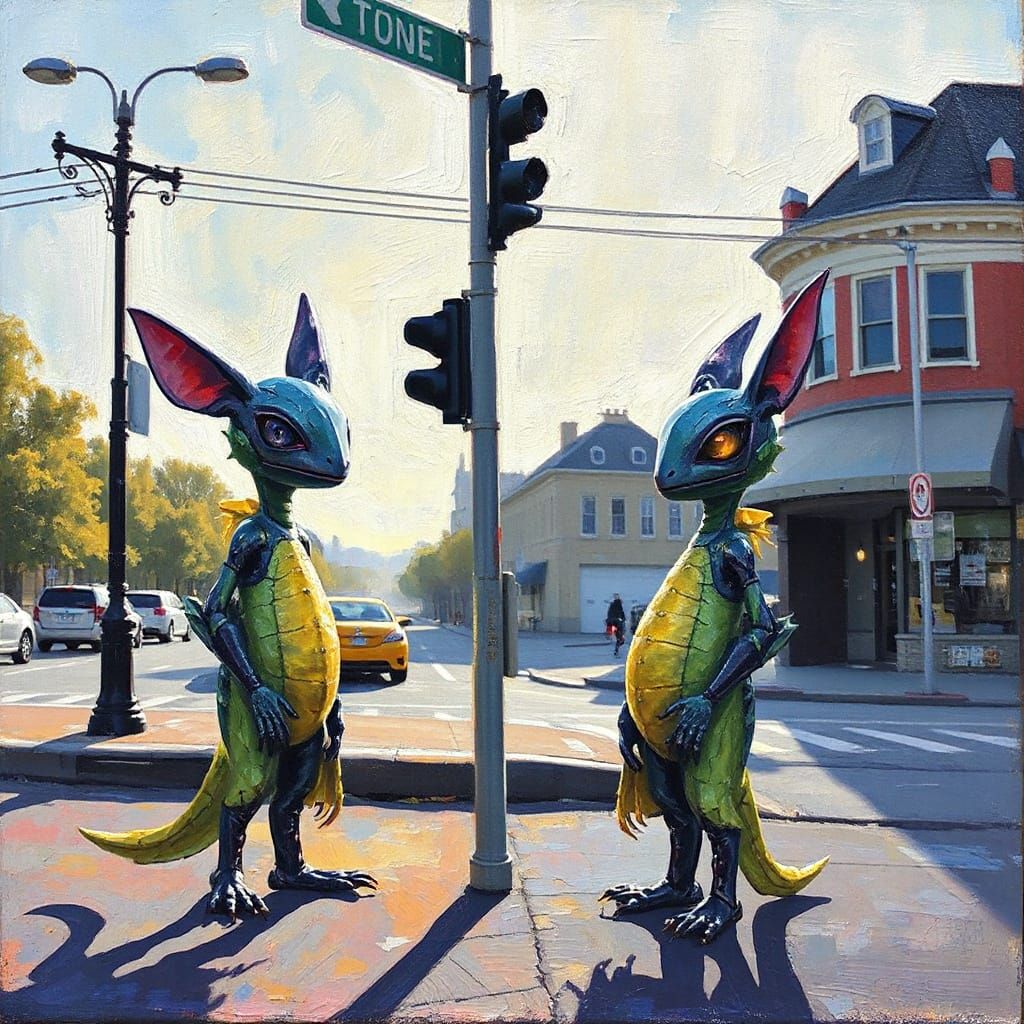 Whimsical Cyber Creatures at Street Corner, Morning Light