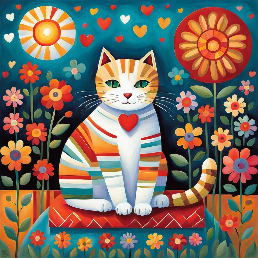 Charming Cat with Flowers in Coastal Art Style