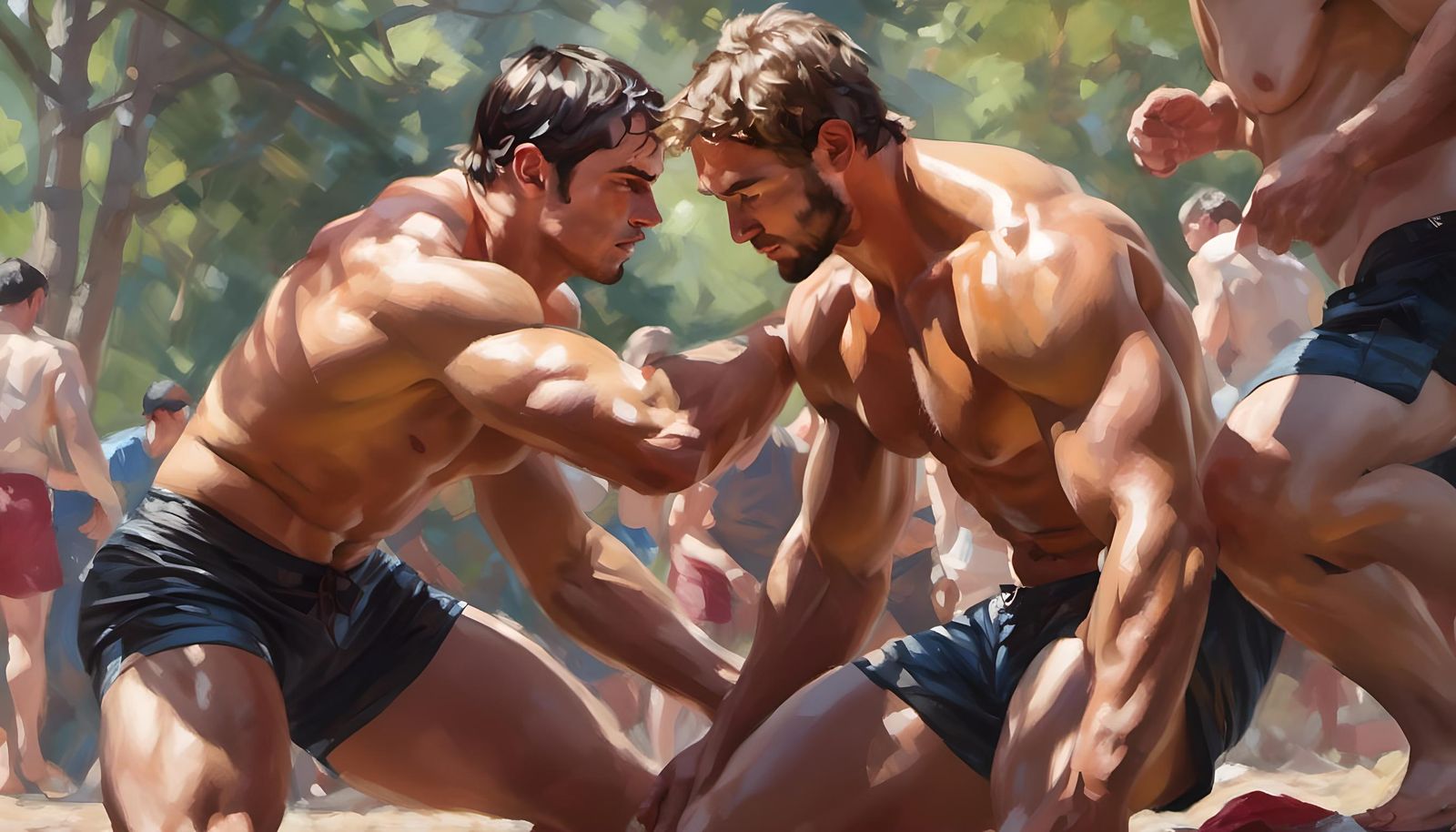 Photorealistic Jocks Wrestling in the Sun