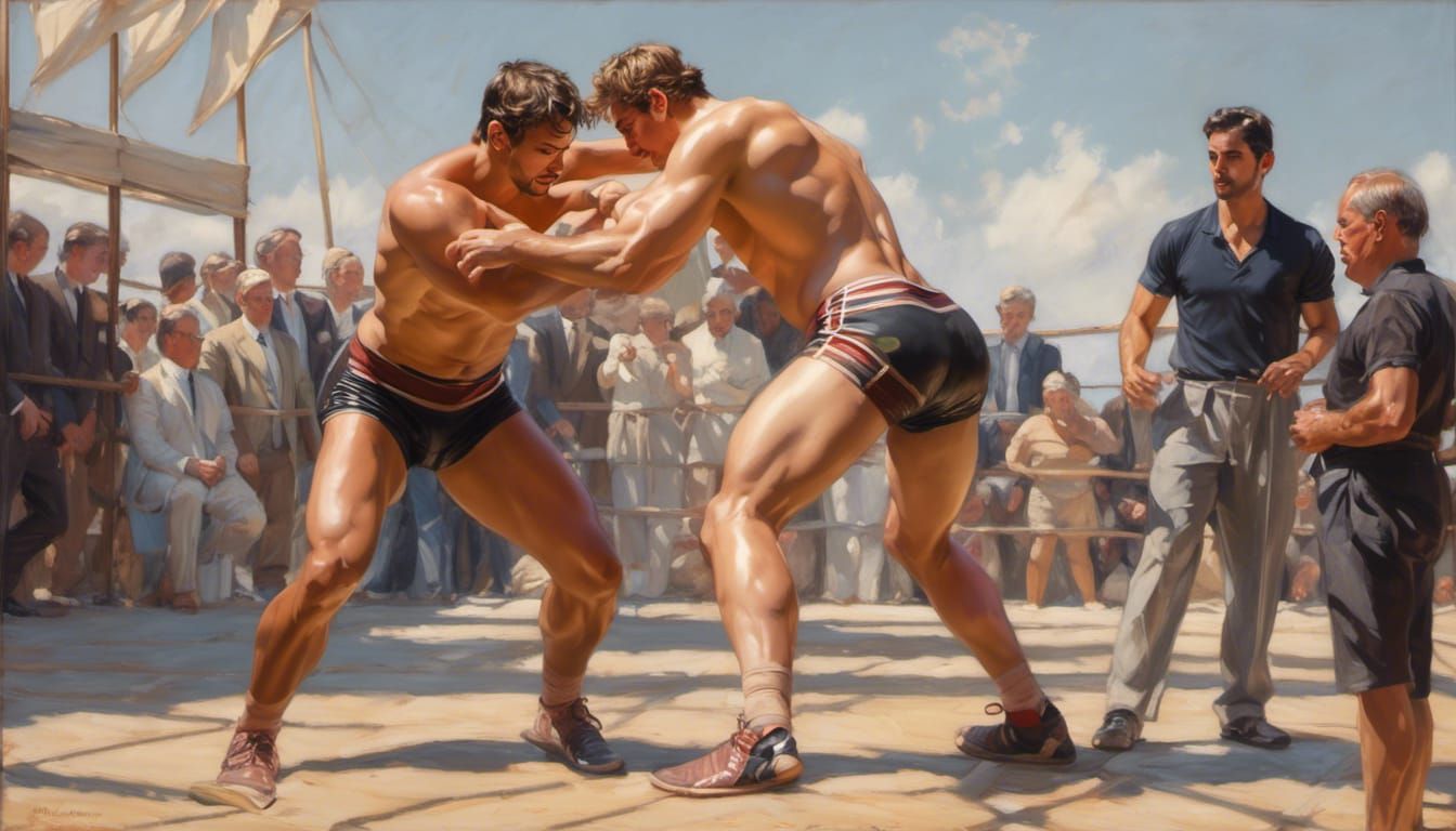 Beach Wrestling Jocks in Photorealistic Style