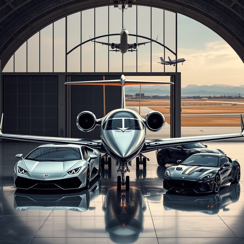 Sleek Private Jet and Luxury Cars in Modern Airport Hangar