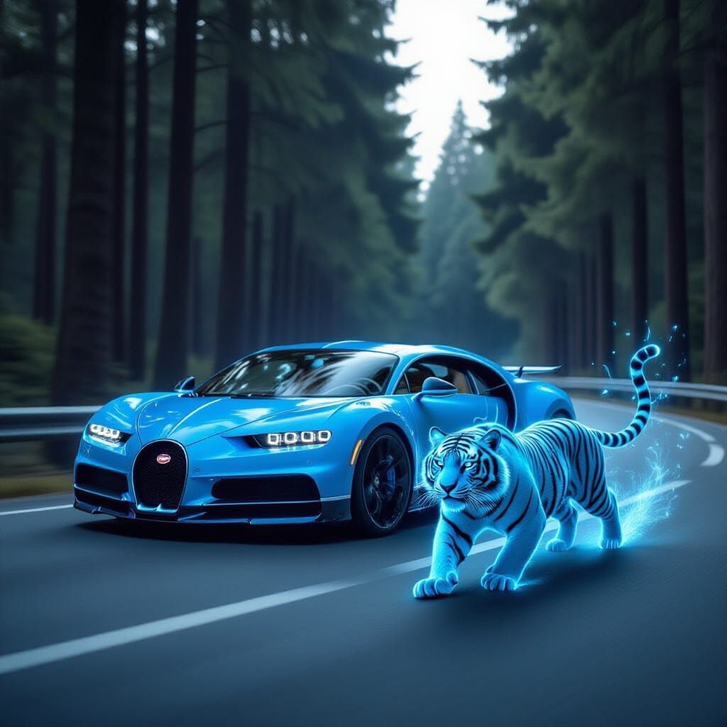 Bugatti Chiron with Glowing Blue Tiger in Mystical Forest