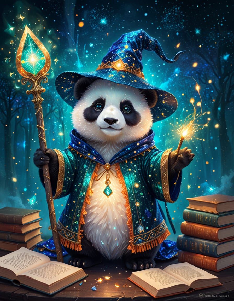 Panda Wizard Casting Spells in Pointillist Style
