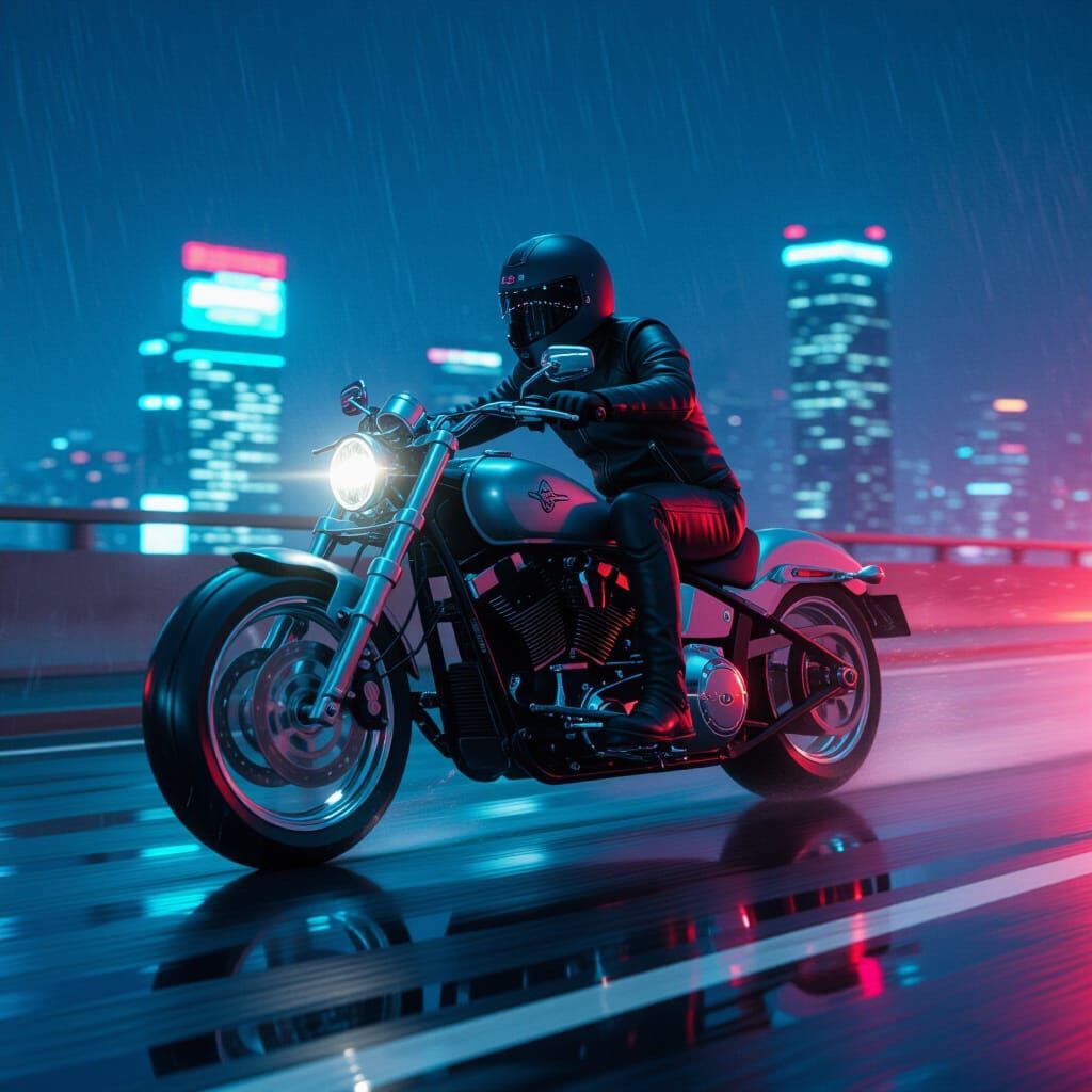 Motorcyclist Speeds Down Highway with Neon Lights